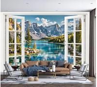 DLERFLOVR Snow Mountain Glacier Photo Mural Alpine Window View Photo Wallpaper 3D Effect Silk Wall Covering 200x140cm Wall Art for Bedroom, Living Room, Hallway, Children's Room Decor, Turquoise