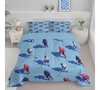 DLERFLOVR Sports Competition Theme Coverless Duvet Set with 2 Pillowcases, King Reversible Duvet All Seasons with Ice Hockey Players Pattern, Lightweight and Warm Down Alternative, 230x220cm, Blue