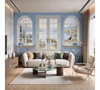 DLERFLOVR Springtime Lakeside Scenery Photo Mural Mediterranean Scenery Wall Covering Photo Wallpaper Wall Art Decor Print Picture Image Design for Living Room Bedroom Office, 250x175cm, Sky Blue