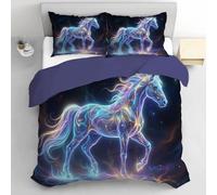 DLERFLOVR Starry Sky Glowing Horse King Duvet Cover Set, 230x220cm Ultra Soft Reversible Bedding Set with Pillowcases, Fantasy Cyber Style Quilt Bed Cover with Zipper Closure, Blue-Purple