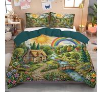 DLERFLOVR Sunshine Stream Village Duvet Cover Sets, Reversible Super King Bedding Bed Set, Fairy Tale Countryside Comforter Cover with Zipper Closure and 2 Pillowcases 50x75 cm, Green