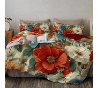 DLERFLOVR Super King Duvet Cover Set, 260x220cm Three-Dimensional Flowers Bedding Set Soft Comforter Cover Retro Plants And Flowers Theme Room Decor with Pillowcases and Zipper, Red