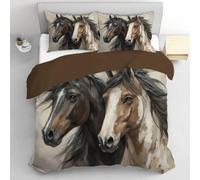 DLERFLOVR Super King Duvet Cover Set, 260x220cm Two Fine Horses Bedding Set Soft Comforter Cover Realistic Oil Painting Theme Room Decor with Pillowcases and Zipper, Beige