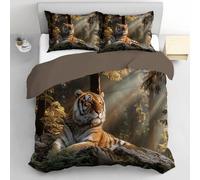 DLERFLOVR Super King Duvet Cover Sets - Tiger Basking In The Sun Bedding Sets, Dense Forest Reversible Comforter Cover Ultrasoft Quilt Set with 2 Pillowcases - Non-Iron Easycare, Brown