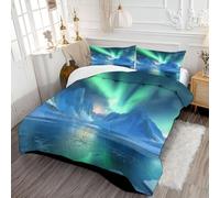 DLERFLOVR Super King Duvet Set, Soft Northern Lights Coverless Duvet with 2 Pillowcases, Snow Mountain Night Sky Down Alternative Bedding Quilted Comforter Sets for All Seasons, 240x260cm Neon Green