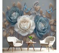 DLERFLOVR Surrealism Wall Mural, 300x210cm Photo Wallpaper Silk Premium Art Print Poster Picture Design 3D Rose Butterfly Wall Covering for Living Room Bedroom Kitchen, Blue-Gray