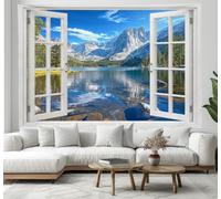 DLERFLOVR Tapestry Alpine Lakes Wall Hanging Natural Scenery Window View Tapestries Poster Decor for College Dorm Beach Throws Table Cloth Bedding Wall Blanket, 150x130 cm, Sea Blue