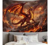 DLERFLOVR Tapestry Fiery Red Dragon Wall Hanging Lightning Volcano Tapestries Poster Decor for College Dorm Beach Throws Table Cloth Bedding Wall Blanket, 100x75 cm, Orange