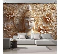 DLERFLOVR Traditional Carving Art Wall Mural, Sacred Buddha Statue Photos Wallpapers Silk Wall Mural Interior Design Decor Wall Sticker for Bedroom Living Room Corridor, 400x280cm, Warm Yellow