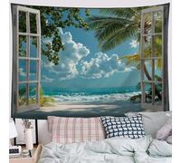 DLERFLOVR Tropical Beach Tapestry Wall Hanging 150x130 cm Tapestries 3D Window View Wall Decor Wall Art Home Decoration for Bedroom, Dorm, Living Room, Blue