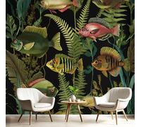 DLERFLOVR Tropical Fish Fern Wallpaper 250x175cm - Vintage Illustration Wall Mural Sage Green Photo Wallpaper Silk Contact Paper for Living Room Bedroom TV Backdrop Hallway