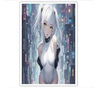 DLERFLOVR Unframed Canvas Wall Art - Japanese Style Twin-Tailed Girl Canvas Artwork Waterproof Modern Print Anime/Sci-Fi Style Wall Decoration for Living Room, Bedroom, Office, 60x90cm, Blue-Gray