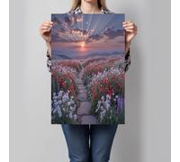 DLERFLOVR Unframed Canvas Wall Art - Poppy Fields Canvas Artwork Waterproof Modern Print Sunset Over A Sea Of Flowers Wall Decoration for Living Room, Bedroom Hallway Office, 70x100cm, Gray-Blue