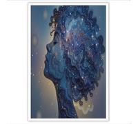 DLERFLOVR Unframed Canvas Wall Art - Starry River Curly-Haired Girl Canvas Artwork Waterproof Modern Print Surreal Starry Sky Wall Decoration for Living Room, Bedroom, Office, 70x100cm, Blue-Purple