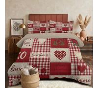 DLERFLOVR Valentine'S Day Coverless Duvet King, 240x220cm Reversible Quilted Bedding Bed Sets Retro Plaid Quilted Quilt Breathable Bedspreads Quilted Throw with Pillowcase, Red