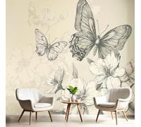 DLERFLOVR Vintage Illustration Wall Mural 450x315cm - Flowers and Butterflies Photo Wallpaper Silk Wall Art Cream Home Decoration for Living Room Bedroom Adults Background Hallway Lounge