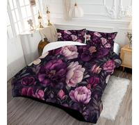 DLERFLOVR Vintage Rose Bush Coverless Duvet Double Fantasy Flowers Quilt Comforter Lightweight and Warm Bedding Sets with 2 Pillow Sham for All-Season 200x200cm Dark Purple