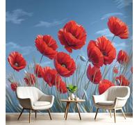 DLERFLOVR Wall Mural Wallpaper 150x105cm Photo Wallpaper Abstract Flower Field Oil Painting Poster Picture Red Poppy Wall Covering for Bedroom, Living Room, TV Backdrop, Blue-Gray