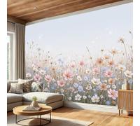 DLERFLOVR Wall Mural Wallpaper 200x140cm Photo Wallpaper Watercolor Flowers and Plants Poster Picture Spring Wildflower Field Wall Covering for Bedroom, Living Room, TV Backdrop, Light Pink
