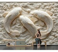 DLERFLOVR Wall Mural Wallpaper 450x315cm Photo Wallpaper Plaster Relief Poster Picture Three Fish Playing in The Water Wall Covering for Bedroom, Living Room, TV Backdrop, Beige