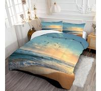 DLERFLOVR Waves And Beach Coverless Duvet Single Tranquil Beach Quilt Comforter Lightweight and Warm Bedding Sets with 2 Pillow Sham for All-Season 135x200cm Light Blue