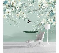 DLERFLOVR White Flower Branches and Ancient Boat 3D Silk Wall Mural Chinese Aesthetics Photo Wallpaper Poster Picture Design for Living Room Kids' Bedroom & Home Interiors, 300x210cm, Light Green