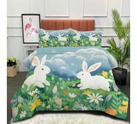DLERFLOVR White Rabbit Coverless Duvet Super King Spring Meadow Quilt Comforter Lightweight and Warm Bedding Sets with 2 Pillow Sham for All-Season 240x260cm Green