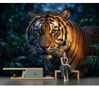 DLERFLOVR Wild Realism Panoramic Wallpaper Mural, 300x210cm | Silk Wall Poster Tiger in The Grass Photo Wallpaper Wall Mural Decoration for Bedroom Living Room Dining Rooms, Dark Blue-Green