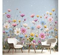 DLERFLOVR Wildflower Meadow Wall Mural, 350x256cm Photo Wallpaper Silk Premium Art Print Poster Picture Design Small Floral Pattern Wall Covering for Living Room Bedroom Kitchen, Blue