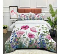 DLERFLOVR Wildflowers Illustration Coverless Duvet Set with 2 Pillowcases, 135x200cm Bedding Set with Poppies And Bluebells Pattern, Lightweight and Warm, All Seasons Green