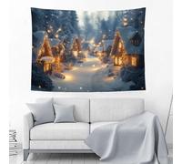 DLERFLOVR Winter Christmas Village In The Woods Tapestry Wall Hanging -Fir Forest With Snowy Cabins Scenery Tapestries For Bedroom Living Room Dorm Wall Decor, Wall Blanket Beach Towels Home Decor