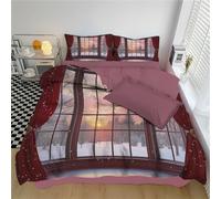 DLERFLOVR Winter Landscape Duvet Cover Set - Single 135x200cm - 3D Window View Quilt Cover Reversible Bedding Sets Bedroom Set with Pillowcases and Zipper Closure, Dark Red