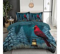 DLERFLOVR Winter Scene Single Bedding Set 135x200cm Reversible Red Sparrow Old Lantern Duvet Cover Super Soft Quilt Covers Set Easy Care 3 Piece with Pillowcase, Green