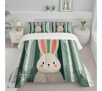 DLERFLOVR Woodland Animal Rabbit Reversible Coverless Duvet Single Lightweight and Warm Bedding Cartoon Birch Forest Down Alternative with Pillow Shams for All Seasons 135x200cm Green