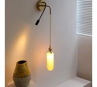 DLHH Retro Ceramic Wall Sconce Flexible LED Wall Mount Reading Light Adjustable Gooseneck Reading Lamp With White Striped Ceramic Shade, Gold Rotatable Modern Hanging Wire Wall Light Fi