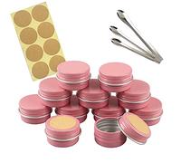 DLIBUY 50 Pcs 5ml 5g Empty Round Pink Aluminum Tin Jars with Screw Lids Cosmetics Lip Balm Containers Pots for DIY Candle Salve Powder Crafts Storage Cans 3x Alu Spoon, 50x Ø 20cm Labels