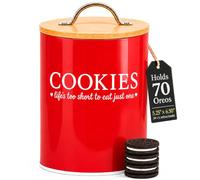 D'Lifeful Cookie Jar with Airtight Bamboo Lid - 0.6 Gallon Cute and Decorative Cookie Storage for Kitchen Countertop - Farmhouse Storage Tin for Freshness - Great Gift Idea - Red