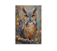 DLJGDS Animal Owl Standing Still Among Colored Leaf Brushstrokes Decorative Painting Canvas Wall Posters And Modern Family Bedroom Decor 08x12inch(20x30cm)