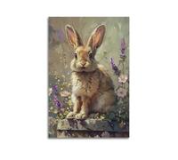 DLJGDS Animal Rabbit Squatting on Old Barrel Among Flowers Decorative Painting Canvas Wall Posters And Modern Family Bedroom Decor 16x24inch(40x60cm)