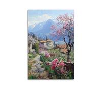 DLJGDS Landscape Oil Painting Poster Beautiful Village Surrounded by Flowers And Grass in The Mountains Decorative Painting Canvas Wall Posters And Modern Family Bedroom Decor 12x18inch(30x45cm)