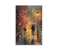 DLJGDS Landscape Oil Painting Poster. Cyclist Riding in The Middle of The Street in The Rain Decorative Painting Canvas Wall Posters And Modern Family Bedroom Decor 12x18inch(30x45cm)