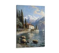 DLJGDS Landscape Oil Painting Poster Overlooking A House with A Large Lake Next to The Mountains Decorative Painting Canvas Wall Posters And Modern Family Bedroom Decor 12x18inch(30x45cm)