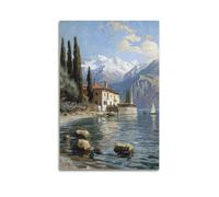 DLJGDS Landscape Oil Painting Poster Overlooking A House with A Large Lake Next to The Mountains Decorative Painting Canvas Wall Posters And Modern Family Bedroom Decor 12x18inch(30x45cm)
