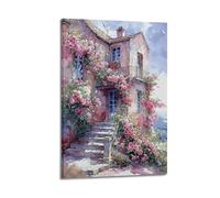 DLJGDS Landscape Oil Painting Poster. The House Is Surrounded by Plants with Red And Pink Flowers. Decorative Painting Canvas Wall Posters And Modern Family Bedroom Decor 24x36inch(60x90cm)