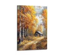 DLJGDS Landscape Oil Painting Poster Traditional House in Birch Forest Decorative Painting Canvas Wall Posters And Modern Family Bedroom Decor 08x12inch(20x30cm)