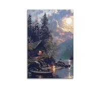 DLJGDS Landscape Poster Lakeside Cottage in The Moonlight Decorative Painting Canvas Wall Posters And Modern Family Bedroom Decor 24x36inch(60x90cm)