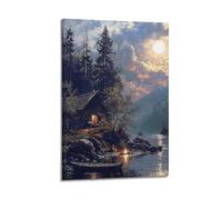 DLJGDS Landscape Poster Lakeside Cottage in The Moonlight Decorative Painting Canvas Wall Posters And Modern Family Bedroom Decor 12x18inch(30x45cm)
