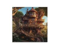DLJGDS Landscape Poster Magical Tree House in The Forest Decorative Painting Canvas Wall Posters And Modern Family Bedroom Decor 16x16inch(40x40cm)