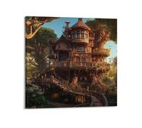 DLJGDS Landscape Poster Magical Tree House in The Forest Decorative Painting Canvas Wall Posters And Modern Family Bedroom Decor 28x28inch(70x70cm)