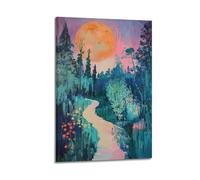 DLJGDS Large Orange Moon over Enchanting Forest Pathway with Colorful Blooms Decorative Painting Canvas Wall Posters And Modern Family Bedroom Decor 20x30inch(50x75cm)